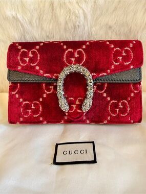 Gucci Dionysus Super Mini Red GG Velvet Crystal Tiger Head Chain Crossbody Bag